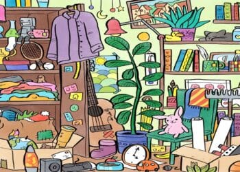 Teste visual de um quarto desorganizado com roupas espalhadas, plantas, brinquedos, instrumentos musicais e vários outros objetos.