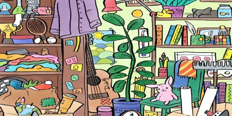 Teste visual de um quarto desorganizado com roupas espalhadas, plantas, brinquedos, instrumentos musicais e vários outros objetos.