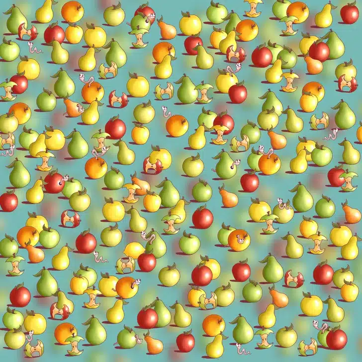 Encontre o limão entre as outras frutas. Teste visual com um desenho colorido de várias frutas, como maçãs e peras, com minhocas saindo e maçãs mordidas