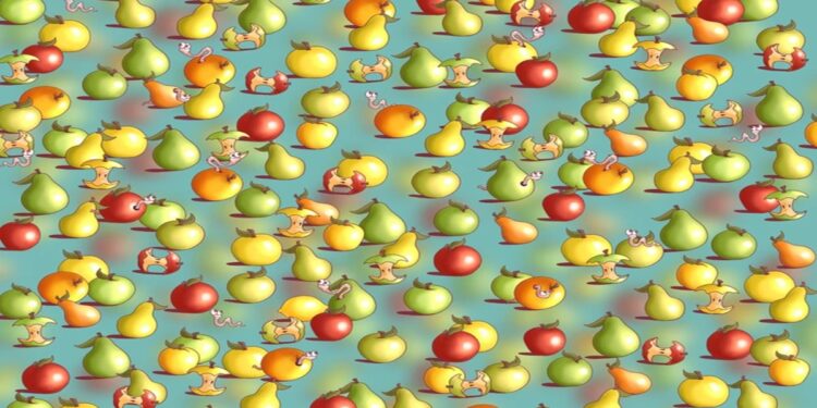 Teste visual com um desenho colorido de várias frutas, como maçãs e peras, com minhocas saindo e maçãs mordidas
