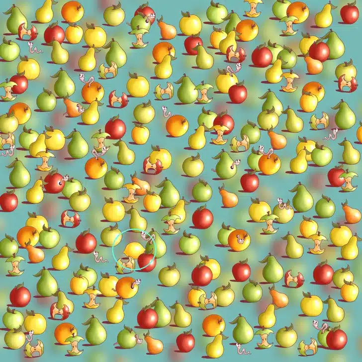 Encontre o limão nesta ilustração de várias frutas com minhocas engraçadas Teste visual com um desenho colorido de várias frutas, como maçãs e peras, com minhocas saindo e maçãs mordidas