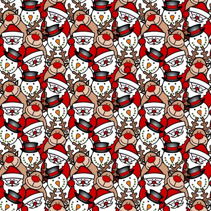 Encontre o nariz extra nesta estampa natalina com personagens clássicos. Teste visual com repetição de desenhos de Papai Noel, boneco de neve com chapéu e rena, em fundo claro.