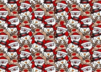 Teste visual com repetição de desenhos de Papai Noel, boneco de neve com chapéu e rena, em fundo claro.