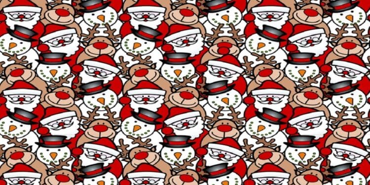 Teste visual com repetição de desenhos de Papai Noel, boneco de neve com chapéu e rena, em fundo claro.