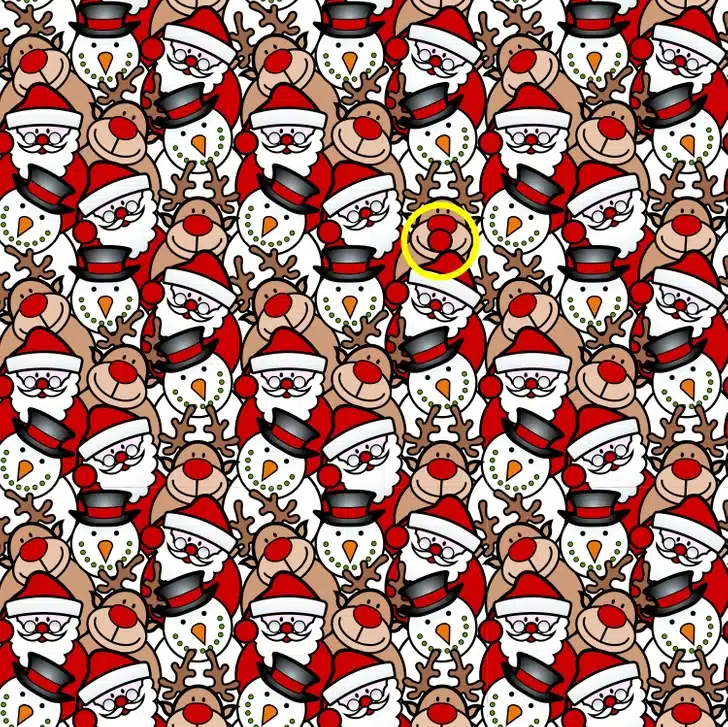 Ache o nariz extra nesse padrão de Natal com Papai Noel, boneco de neve e rena. Teste visual com repetição de desenhos de Papai Noel, boneco de neve com chapéu e rena, em fundo claro.