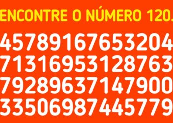 Teste Visual com vários números em linhas, desafio para encontrar o número 120 escrito em amarelo e branco sobre fundo vermelho