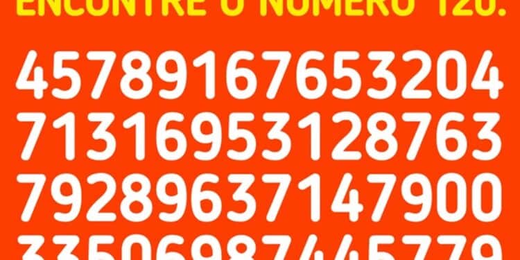 Teste Visual com vários números em linhas, desafio para encontrar o número 120 escrito em amarelo e branco sobre fundo vermelho