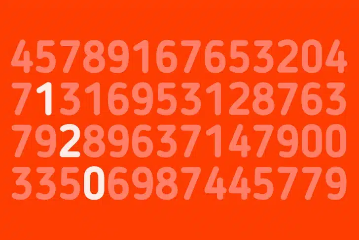 Encontre o número 120 no desafio de números Teste Visual com vários números em linhas, desafio para encontrar o número 120 escrito em amarelo e branco sobre fundo vermelho