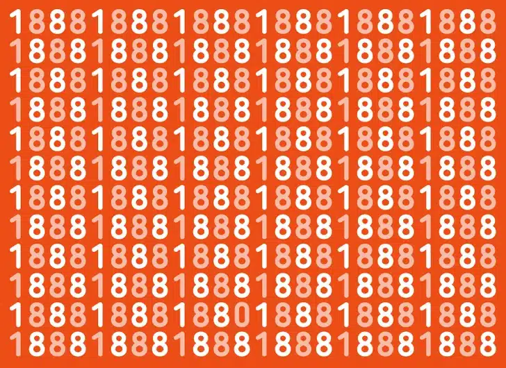 Descubra o número 1880 entre muitos números 1 e 8 em fundo laranja. Teste visual com padrão de números 1 e 8 em tons claros e escuros sobre fundo laranja