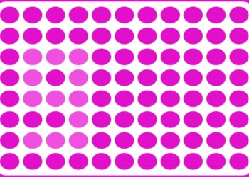 Teste visual com um padrão geométrico com círculos rosa em diferentes tons sobre fundo branco com bordas arredondadas.