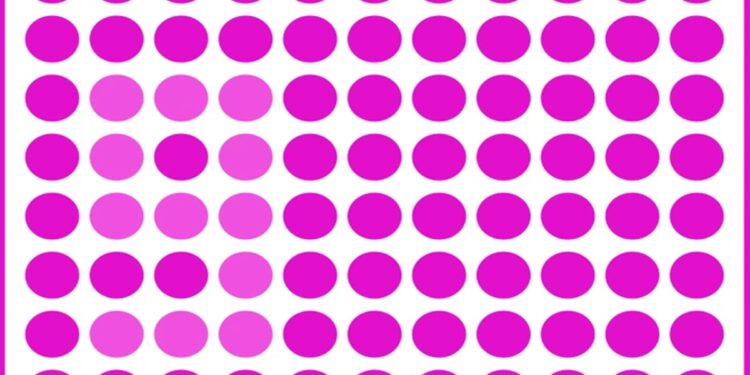 Teste visual com um padrão geométrico com círculos rosa em diferentes tons sobre fundo branco com bordas arredondadas.