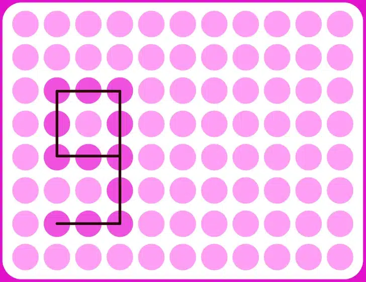 Teste visual com um padrão geométrico com círculos rosa em diferentes tons sobre fundo branco com bordas arredondadas.