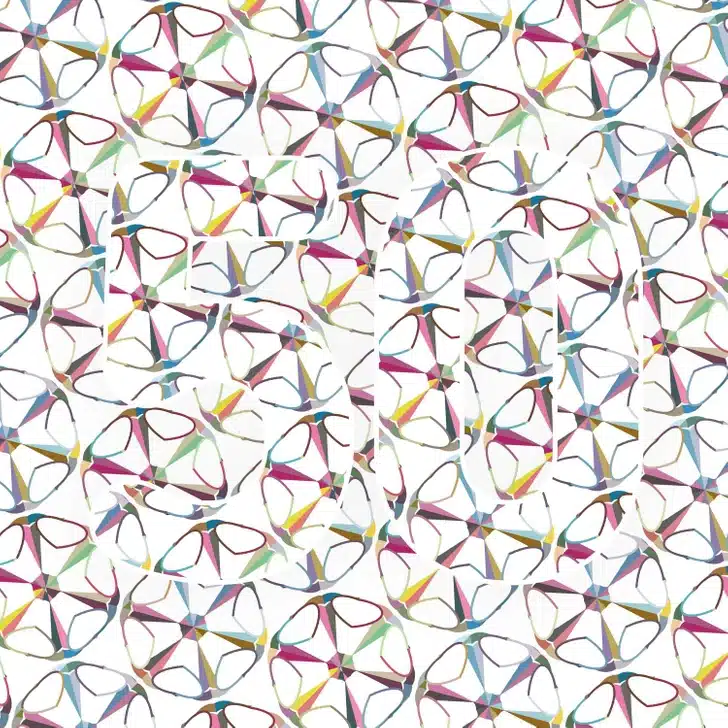 Encontre o número oculto nesta imagem com padrões triangulares coloridos. Teste de QI com o número 50 em branco sobre um padrão abstrato colorido, composto por formas triangulares em diversas cores.