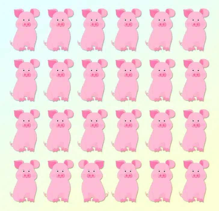 Teste visual com 24 desenhos de porquinhos rosa organizados em grade, sobre fundo em azul e amarelo pastel.