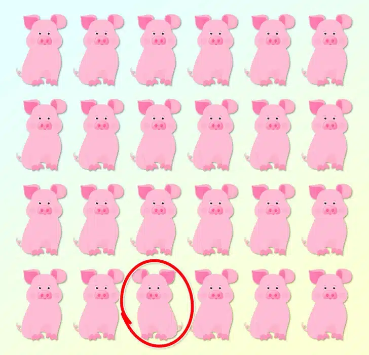 Teste visual com 24 desenhos de porquinhos rosa organizados em grade, sobre fundo em azul e amarelo pastel.