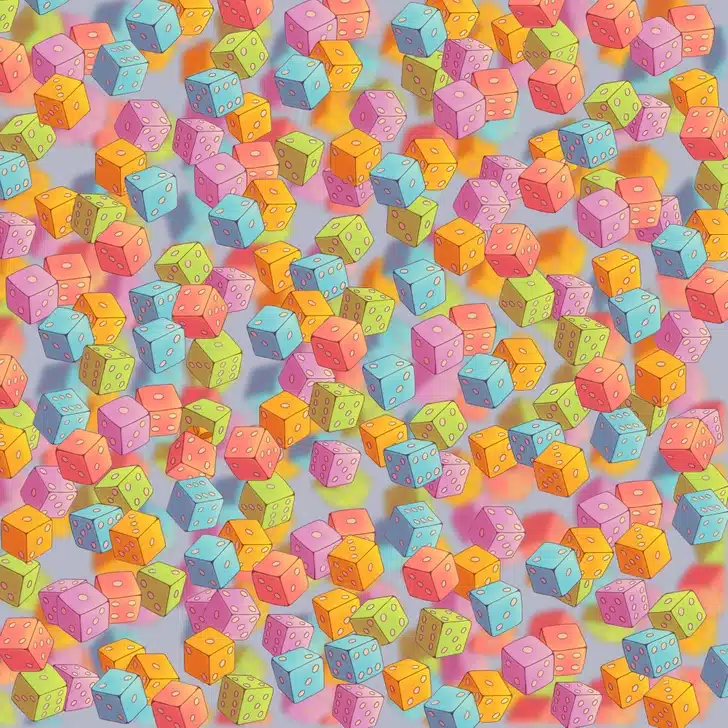 Encontre o presente netre os de dados em diversas cores sobre um fundo cinza. Teste visual com cubos coloridos 3D com pontos de dados espalhados sobre fundo neutro cinza