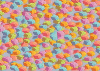 Teste visual com cubos coloridos 3D com pontos de dados espalhados sobre fundo neutro cinza