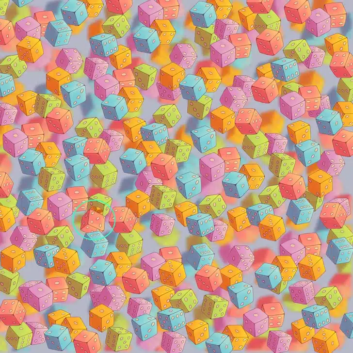 Encontre o presente escondido entre vários dados coloridos com números 3D em cubos variados Teste visual com cubos coloridos 3D com pontos de dados espalhados sobre fundo neutro cinza
