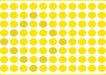 Teste visual com padrão de diversos pontos amarelos dispostos em linhas e colunas com fundo branco