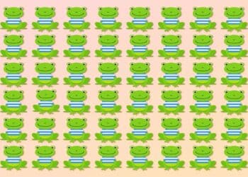 Teste visual com um padrão repetido de sapos verdes sorridentes, usando camisa listrada azul e branca, sobre fundo bege claro.