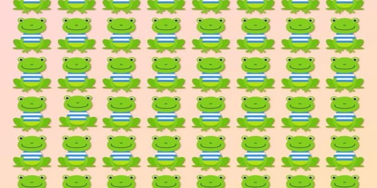 Teste visual com um padrão repetido de sapos verdes sorridentes, usando camisa listrada azul e branca, sobre fundo bege claro.