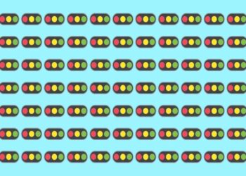Teste visual com múltiplos sinais de trânsito ovais em fundo azul, contendo luzes vermelha, amarela e verde organizadas em padrões