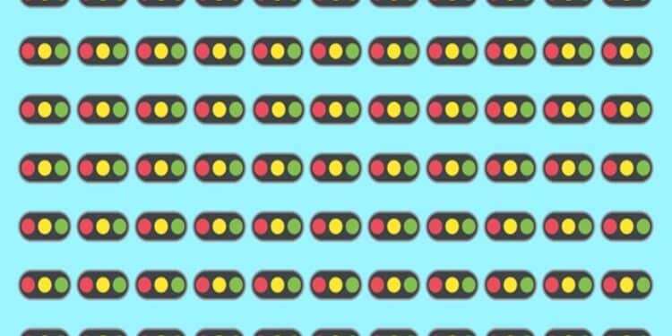 Teste visual com múltiplos sinais de trânsito ovais em fundo azul, contendo luzes vermelha, amarela e verde organizadas em padrões