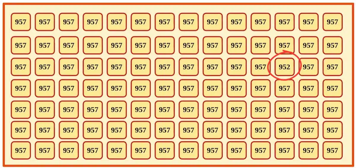 Teste de Percepção Visual Imagem com números repetidos 957, exceto um número 952, destacado no centro, para teste de percepção visual.