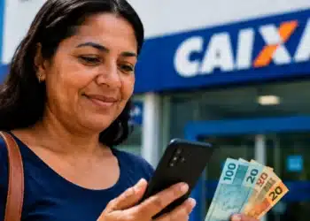 Mulher consulta o celular enquanto segura notas de dinheiro em frente a uma agência da Caixa, representando as novas vagas do auxílio Mães de Pernambuco em 2026.