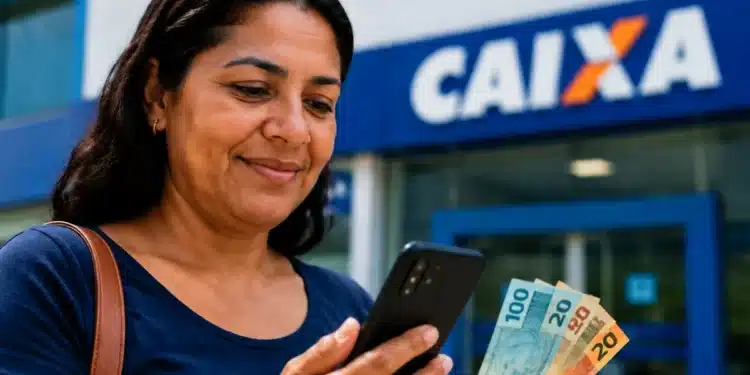 Mulher consulta o celular enquanto segura notas de dinheiro em frente a uma agência da Caixa, representando as novas vagas do auxílio Mães de Pernambuco em 2026.