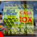 Fachada de loja com vitrines decoradas para Black Friday, adesivos de promoções e pessoa passando em frente