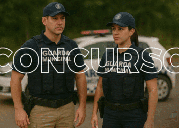 Dois agentes da Guarda Municipal uniformizados em frente a uma viatura.