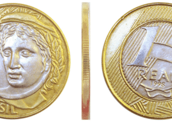 Imagem da moeda de 1 real datada de 1998, mostrando o anverso, reverso e o bordo, essencial para a identificação de peças raras por colecionadores.