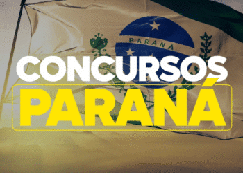 Bandeira do Paraná ao fundo com a frase “Concursos Paraná” em destaque.