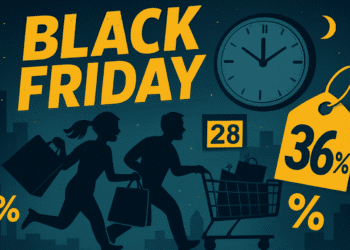 Ilustração de Black Friday com silhuetas de compradores correndo com sacolas e carrinho de compras, relógio marcando 11 horas, lua, cidade ao fundo e etiquetas de desconto de 28% e 36%.