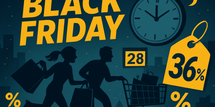 Ilustração de Black Friday com silhuetas de compradores correndo com sacolas e carrinho de compras, relógio marcando 11 horas, lua, cidade ao fundo e etiquetas de desconto de 28% e 36%.