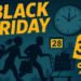 Ilustração de Black Friday com silhuetas de compradores correndo com sacolas e carrinho de compras, relógio marcando 11 horas, lua, cidade ao fundo e etiquetas de desconto de 28% e 36%.