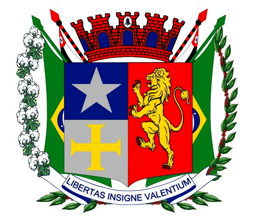 Brasão municipal de Gabriel Monteiro–SP, com escudo dividido em campos azul com estrela, cinza com cruz amarela, vermelho com leão dourado, ladeado por ramos de algodão e café, torre mural no topo e faixa com lema "LIBERTAS INSIGNE VALENTIUM".