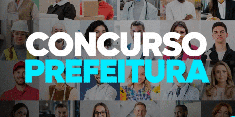 Montagem com profissionais de diversas áreas ao fundo e texto “Concurso Prefeitura” em destaque.