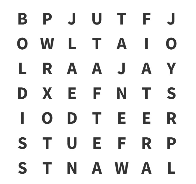 Desafio visual Caça-palavras com letras em preto, sem palavras destacadas.