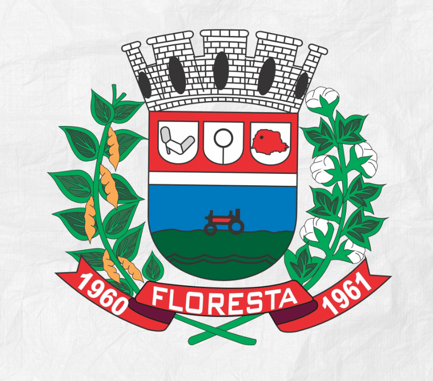 Brasão oficial do município de Floresta (PR) com ramos de soja e algodão, ano de fundação 1960-1961 e inscrição "Floresta"