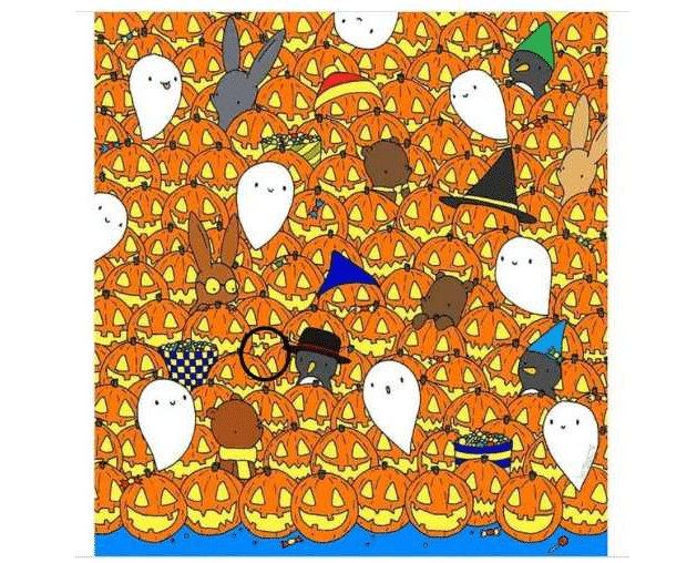 Desafio visual Desenho com abóboras tradicionais de Halloween e vários personagens como fantasmas e coelhos camuflados.