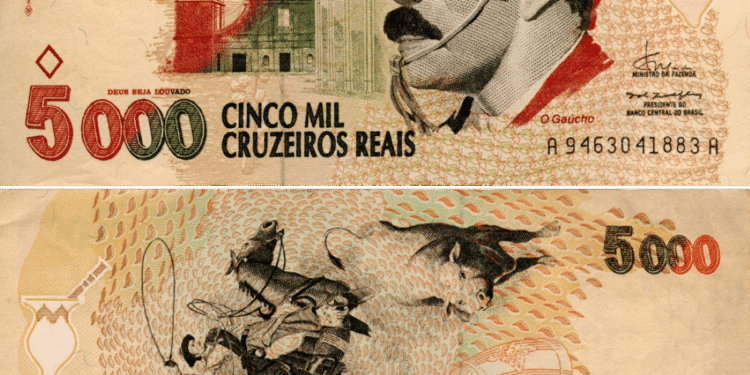 Cédula de 5.000 Cruzeiros Reais com a figura d'O Gaúcho. Nota nativa do plano Cruzeiro Real, valendo até R$ 2.700 para colecionadores no estado 'Modelo'.