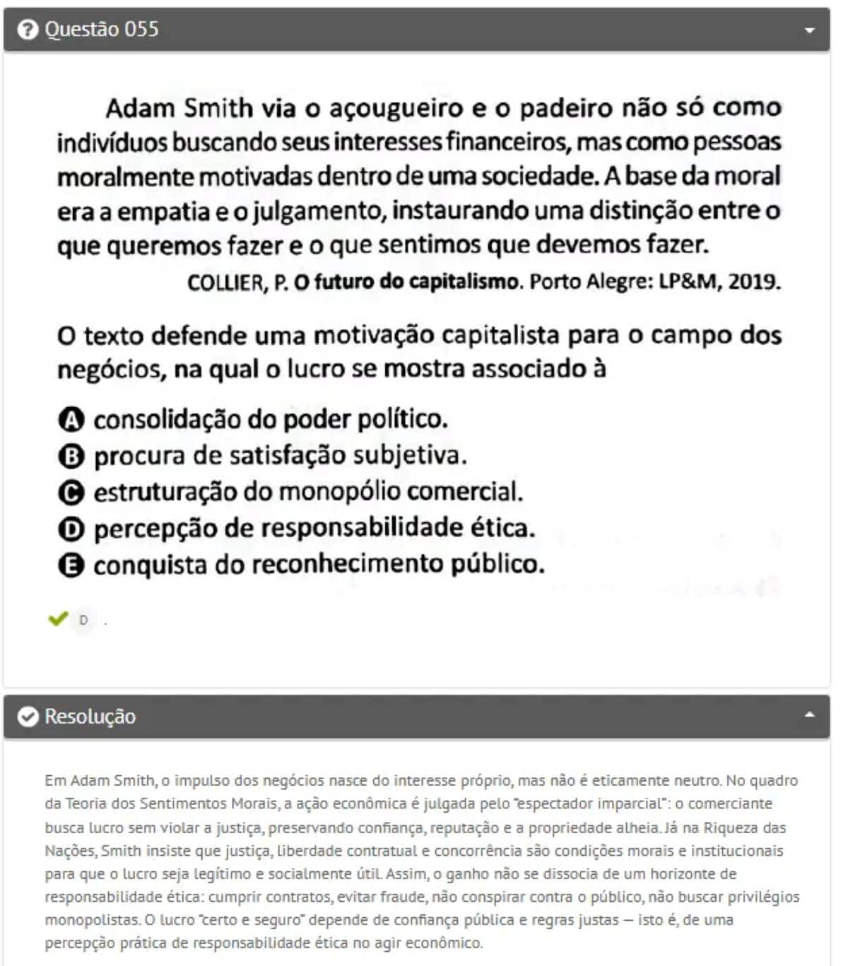 Imagem da questão 55 do Enem 2025, discutindo as ideias de Adam Smith sobre o capitalismo.