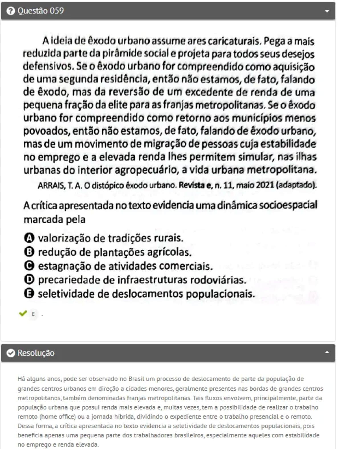 Imagem da questão 59 do Enem 2025, discutindo o fenômeno do êxodo urbano e a dinâmica socioespacial.