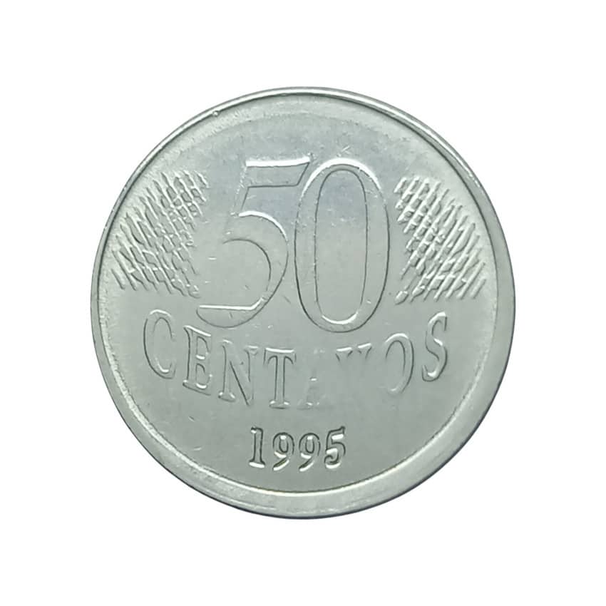 Moeda de 50 Centavos datada de 1995 (Primeira Família do Real). Esta peça, apesar da alta tiragem, é a que apresenta o erro de cunhagem valioso procurado por numismatas.