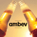 Duas garrafas de cerveja sendo brindadas ao pôr do sol com o logotipo da Ambev ao centro.
