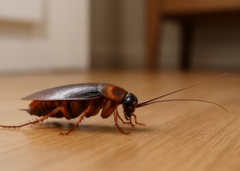 Barata rastejando em piso de madeira, com antenas longas e corpo brilhante