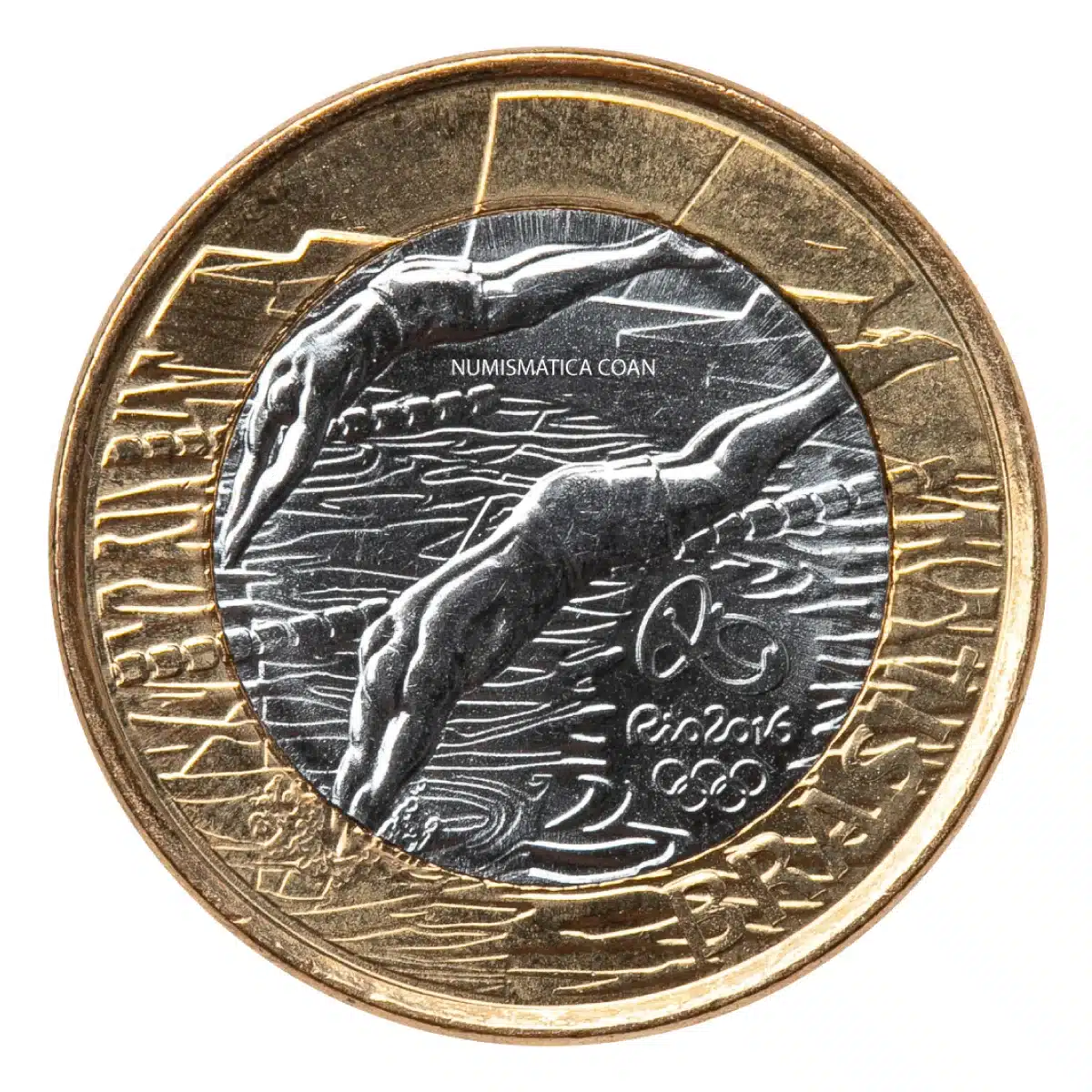 Moeda Natação Olímpica com Efeito Boné: Raridade de R$ 850 Moeda de R$ 1 das Olimpíadas Rio 2016, modalidade Natação, com o raro defeito 'efeito boné' ou descentralização de cunhagem.