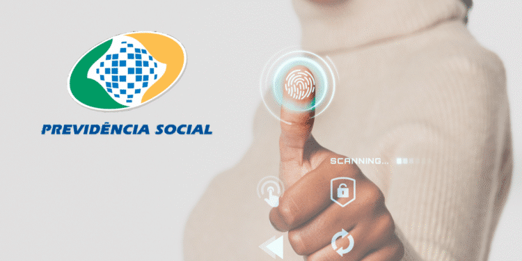 Mulher realizando autenticação digital com leitura de impressão digital ao lado do logotipo da Previdência Social.